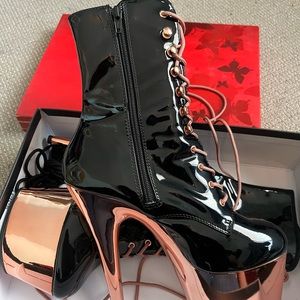 Worn once, rose gold black pat leather ankle boots
